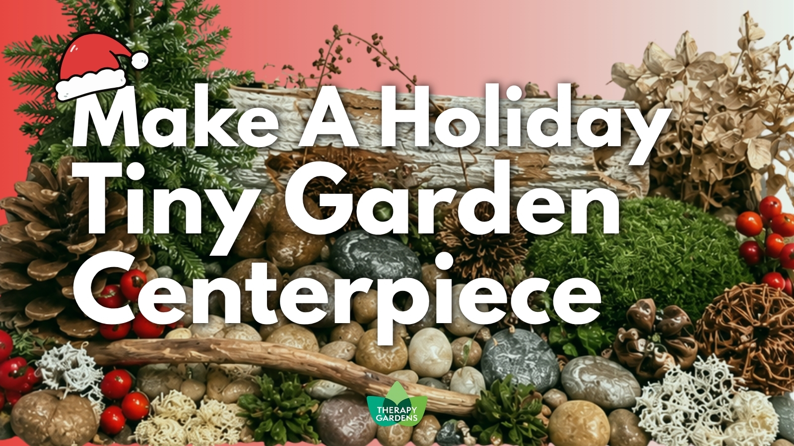 Holiday tiny garden centerpiece with natural materials, greenery, berries, and miniature details