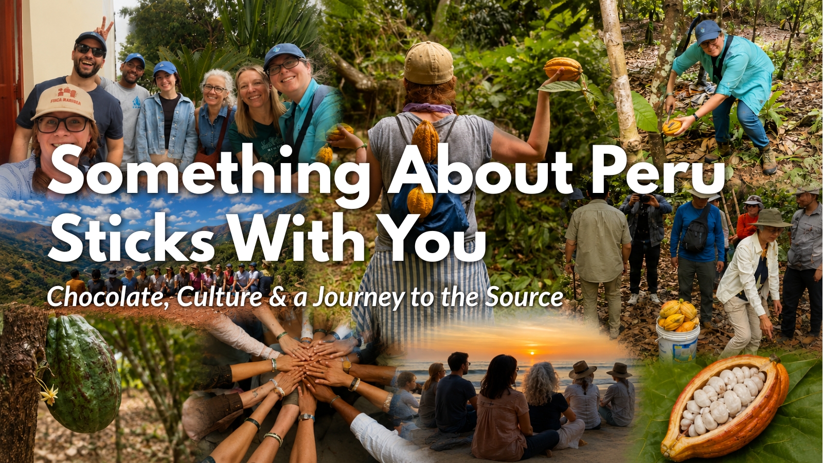 Collage of Victoria and fellow travelers exploring cacao farms and culture in Peru