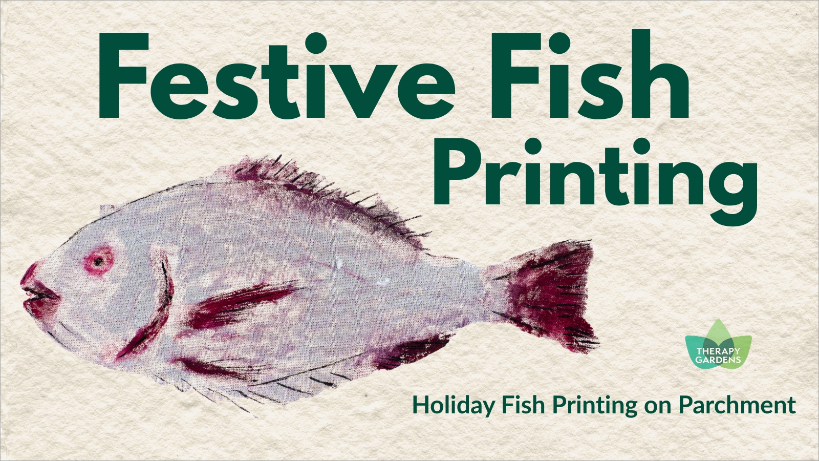 Festive Fish Printing program cover featuring a parchment-style fish print